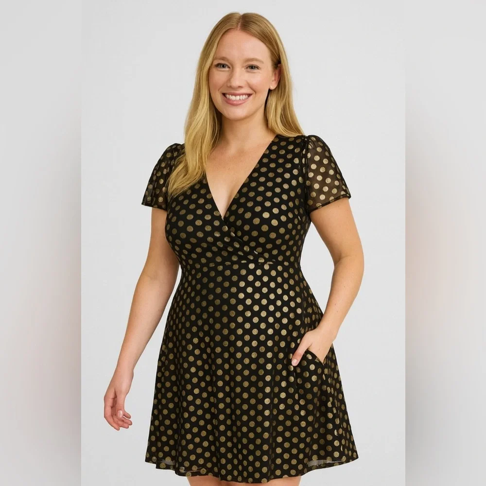 Torrid Black Polkadot Gold Flutter Sleeve Mini Dress, Large, NWT! - Picture 5 of 16